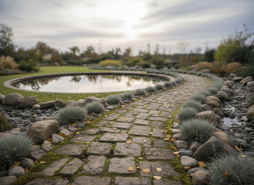 A weathered stone path winding gently through a tranquil moss-covered garden, bordered by smooth river rocks and tufts of silver-green grass. Fallen golden leaves rest softly along the edges, suggesting late afternoon in early autumn. In the distance, a small, still pond reflects an overcast sky, its surface barely rippled. Soft, diffused natural light creates minimal shadows and a calm, even illumination. Photographic realism, eye-level composition with the path placed on the rule of thirds, leading the viewer inward. The depth of field is moderate, keeping the stones crisp while the distant foliage melts into a gentle blur, evoking quiet contemplation and the slow passage of time.