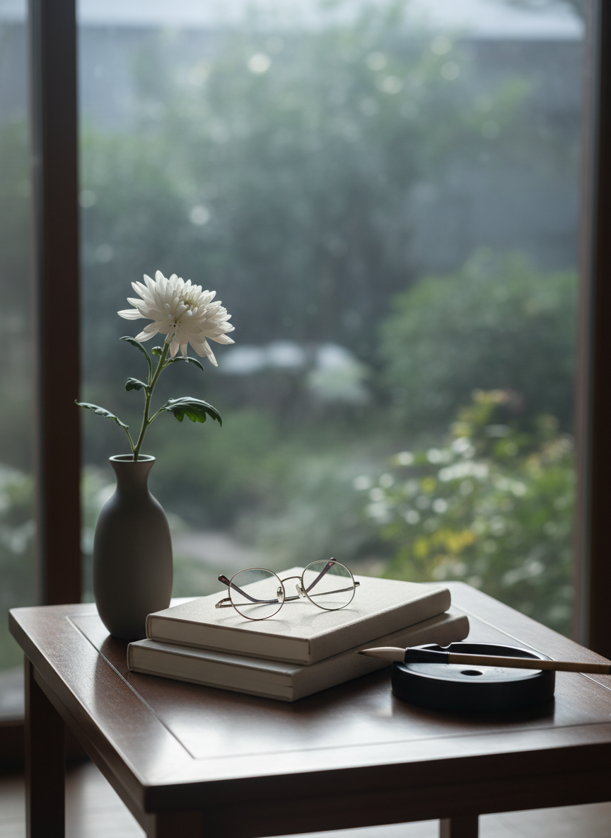 A meticulously arranged still life of objects associated with elder wisdom: a pair of thin, wire-framed reading glasses folded atop a stack of linen-bound journals, a smooth inkstone with a resting calligraphy brush, and a single white chrysanthemum in a slender ceramic vase. They sit on a low, dark wood table near a large window overlooking an out-of-focus garden of deep greens and soft grays. Gentle, diffused morning light pours in, creating refined highlights along the glass frames and vase while leaving velvety shadows behind the objects. Captured at eye level with a moderate depth of field, the foreground remains crisp against a softly blurred garden. The atmosphere is contemplative and sophisticated, in high-end photographic realism, evoking the quiet luxury of accumulated thought.