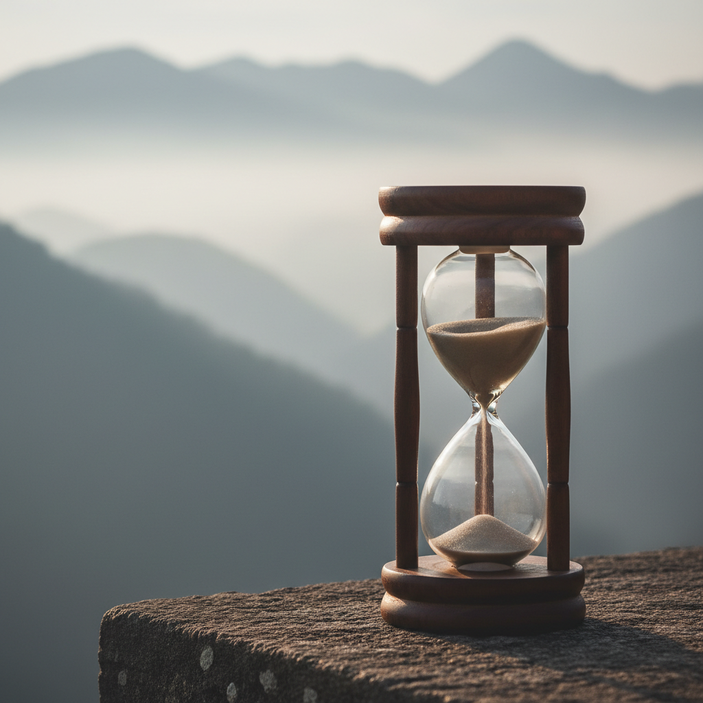 An old, finely crafted hourglass with clear glass bulbs and polished, dark walnut frame stands on a stone ledge, grains of pale sand suspended mid-fall. Behind it, a calm, mist-veiled mountain landscape recedes into layered silhouettes, suggesting the passage of time. Soft, diffused dawn light seeps through the mist, enveloping the hourglass in a delicate halo while keeping the distant peaks subdued. Captured from a slightly low angle with the hourglass framed by the rule of thirds, the foreground is razor sharp while the misty mountains dissolve into a gentle bokeh. The atmosphere is serene and contemplative, rendered in high-resolution photographic realism with a restrained, sophisticated palette of grays, blues, and warm browns.