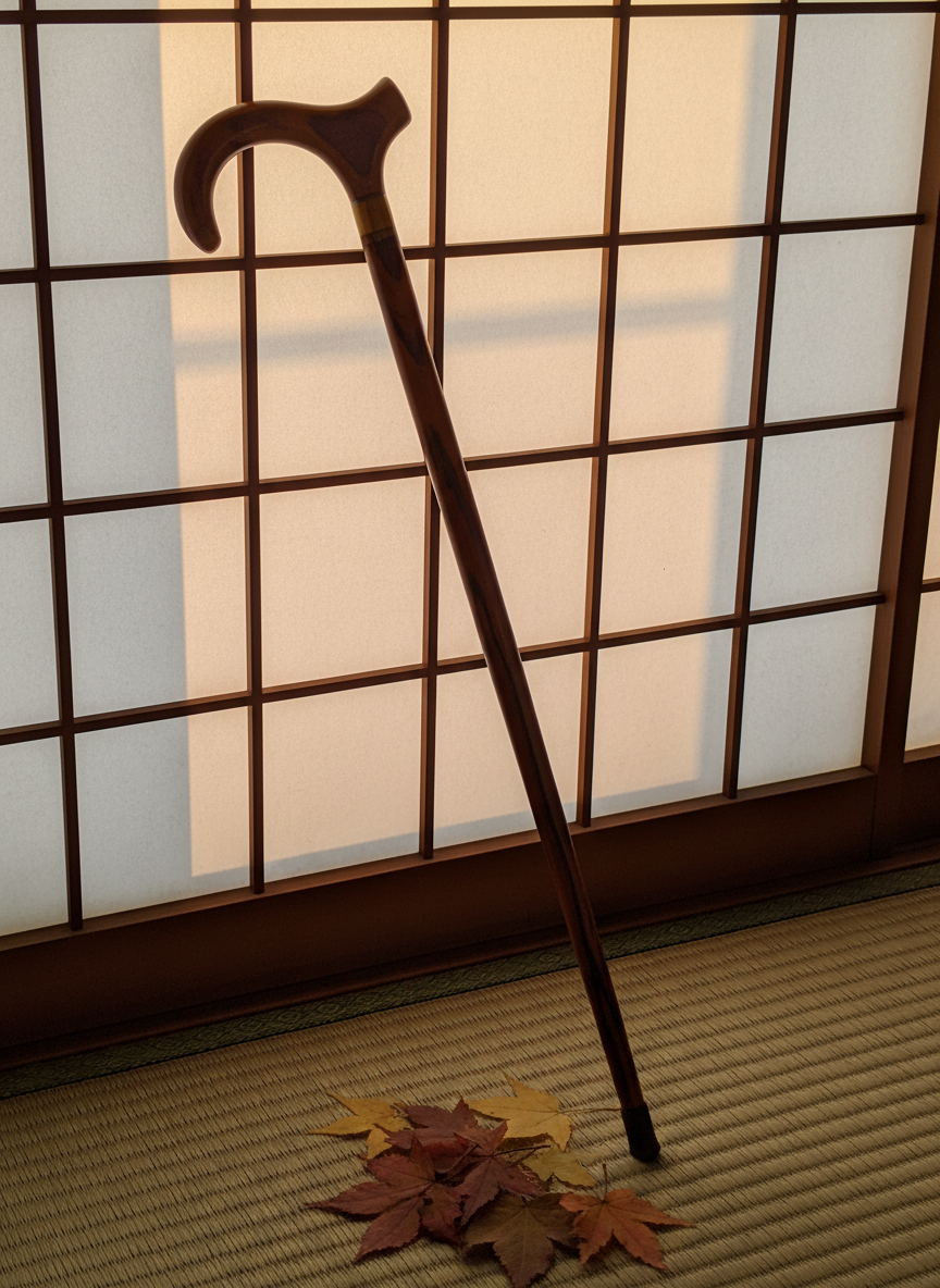 An antique wooden walking stick with a gracefully curved, hand-polished handle leans against a traditional paper screen, its grain rich with amber and chocolate tones. At its base, a small arrangement of fallen autumn leaves in muted reds, ochres, and deep browns lies on a tatami-like woven mat. Warm, sidelong evening light filters through the paper screen, casting a delicate grid of shadows across the walking stick and floor, emphasizing the textures of wood and fiber. Shot from a slightly elevated angle with the walking stick placed along a diagonal, the composition feels intimate and elegant. The mood is nostalgic yet dignified, rendered in clean photographic realism with a subtle, sophisticated color palette.
