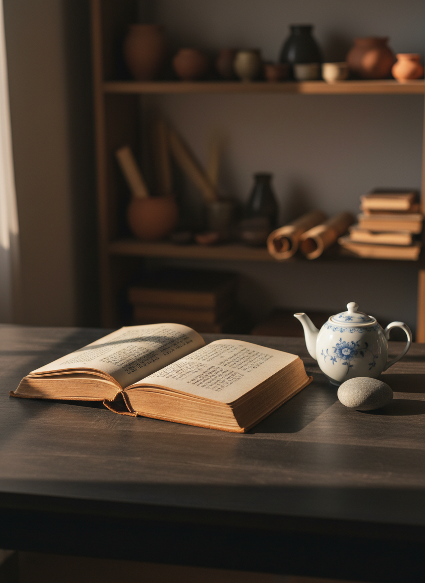 A weathered, open hardcover book with soft cream pages, each margin filled with tiny, handwritten annotations in elegant ink, rests on a dark, matte wooden table. A porcelain teapot and a single, perfectly round stone sit nearby, suggesting quiet contemplation. Late afternoon light filters through an unseen window, casting elongated, gentle shadows and a warm, golden glow over the scene. The background fades into a soft photographic blur of shelves lined with simple, well-worn objects. Shot at eye level with a shallow depth of field, the composition is minimalist yet rich with texture, evoking a sophisticated, reflective mood in clean photographic realism.