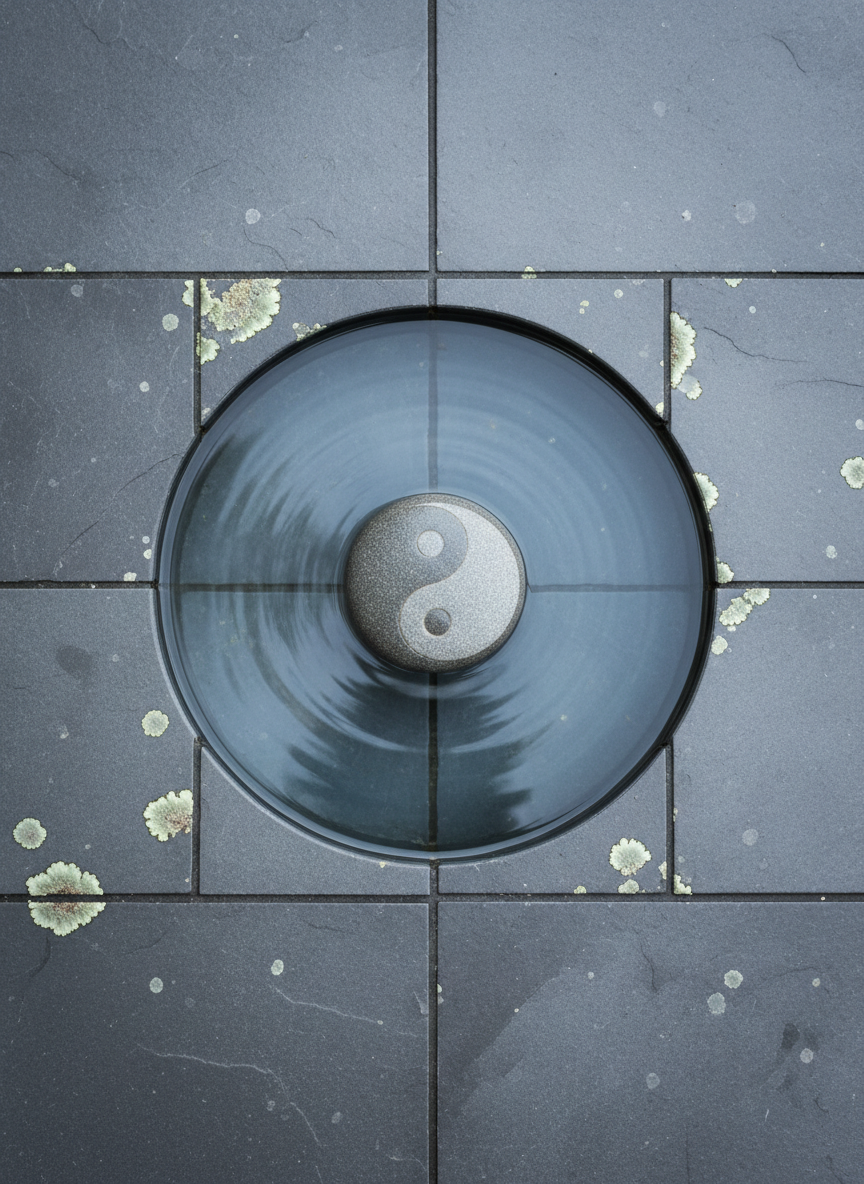 A smooth, circular river stone, intricately etched with a subtle, abstract yin-yang pattern, rests at the center of a shallow, still pool. Concentric ripples emanate from the stone, frozen in a moment just after a drop has fallen. Around the pool, dark slate tiles form a geometric border, their edges softened by time and faint lichen. Soft overcast light from above creates a low-contrast, even illumination, highlighting delicate textures on the stone and water surface without harsh shadows. Photographed from directly above in a balanced, symmetrical composition, the image feels meditative and precise, with a refined, minimalist, photographic aesthetic that suggests quiet balance in the later seasons of life.