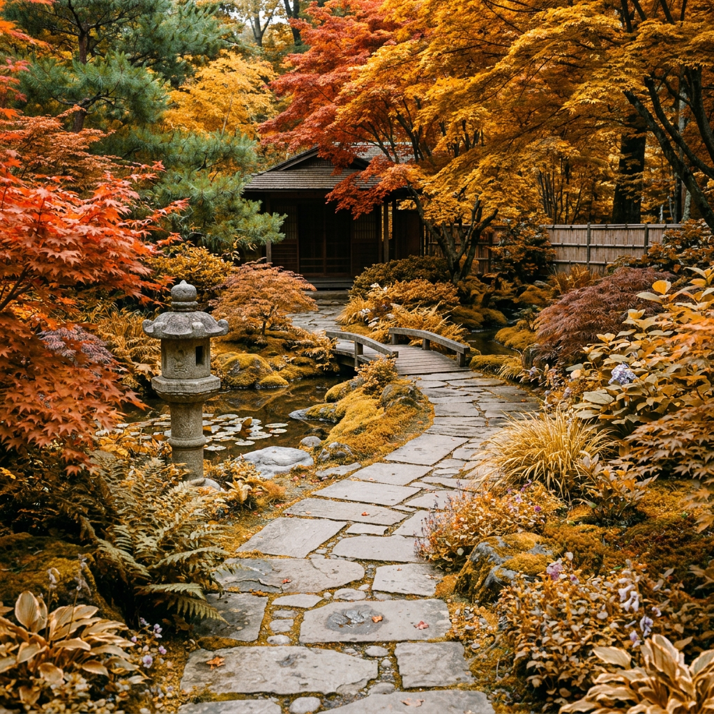 Stone path through lush Japanese garden with wooden bridge and tea house