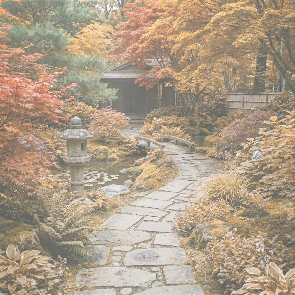 Stone path through lush Japanese garden with wooden bridge and tea house
