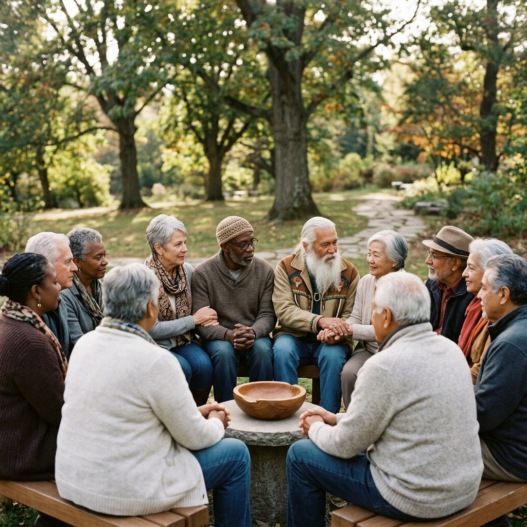 Seniors sitting in a circle outdoors holding hands and engaging in support