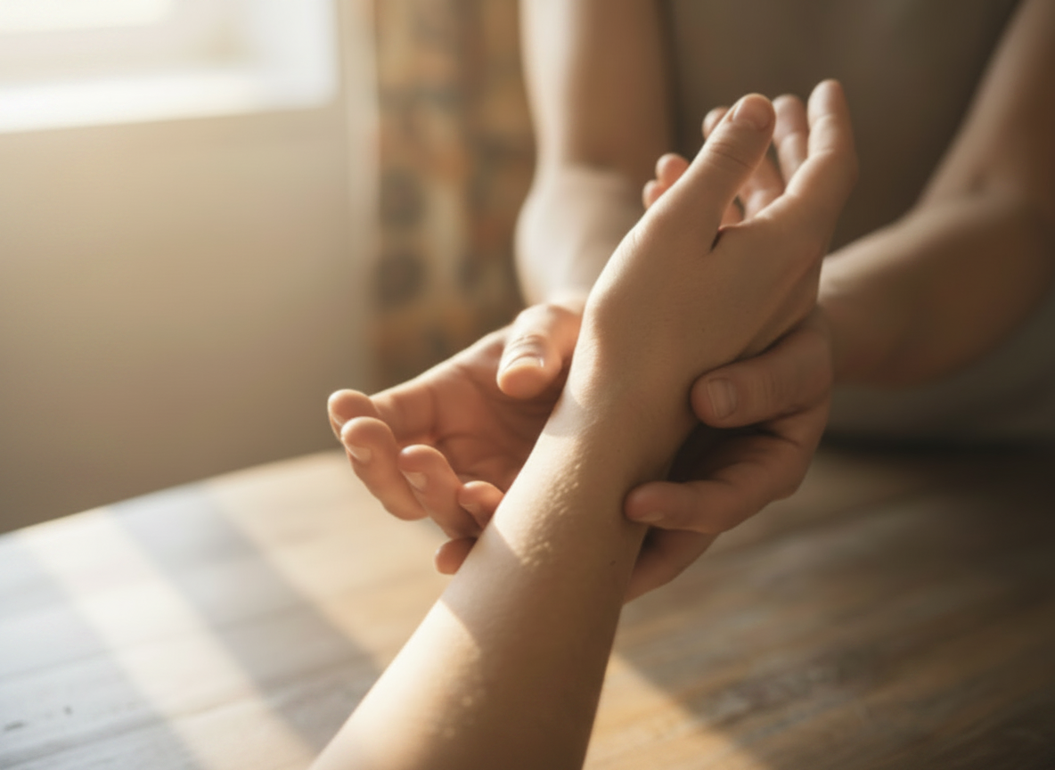 A warm, intimate therapeutic touch scene zoomed out to show more of the room. A therapist's two hands gently cradling and working on an elderly person's hand and forearm. The recipient's hand and arm are visibly aged — wrinkled skin, prominent veins, age spots, thin and delicate skin typical of an older person. The therapist's hands are younger and smooth. Warm golden sunlight streams in from a window in the background, wooden table surface visible, soft bokeh background showing a cozy room. Same composition and warm lighting as the reference image but with the entire arm and hand aged.
