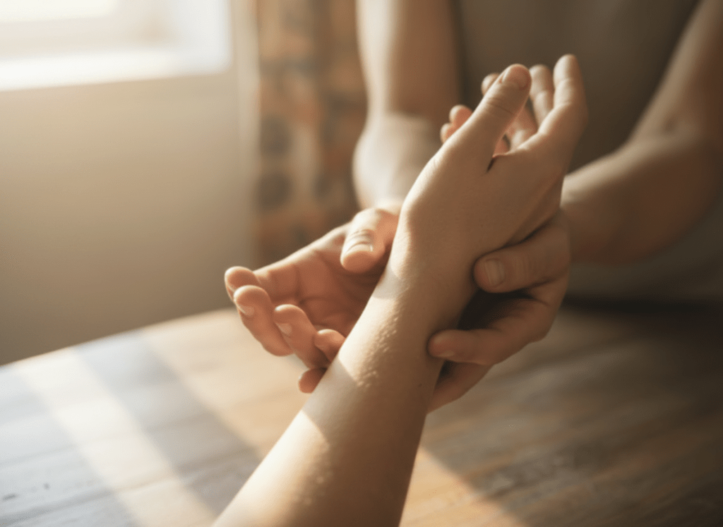 A warm, intimate therapeutic touch scene zoomed out to show more of the room. A therapist's two hands gently cradling and working on an elderly person's hand and forearm. The recipient's hand and arm are visibly aged — wrinkled skin, prominent veins, age spots, thin and delicate skin typical of an older person. The therapist's hands are younger and smooth. Warm golden sunlight streams in from a window in the background, wooden table surface visible, soft bokeh background showing a cozy room. Same composition and warm lighting as the reference image but with the entire arm and hand aged.