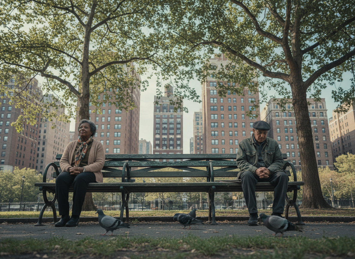 Low-angle child's eye view of a weathered park bench in the Bronx, two elderly people sitting at opposite ends of the bench — one on the far left, one on the far right — with a quiet distance between them. Tall city buildings rise behind them, soft dappled shade, pigeons on the ground, wistful and melancholy mood, cinematic and sophisticated.